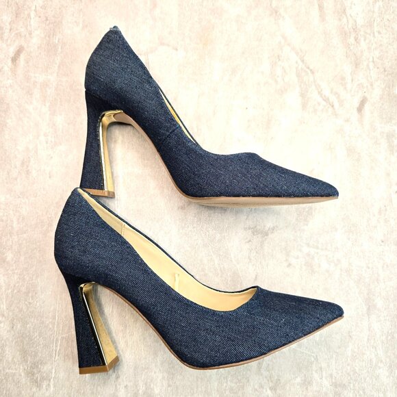 Jessica Simpson Denim Pumps 7.5 Blue Retro Dressy Pointed Toe High Heel Shoes - Picture 5 of 10